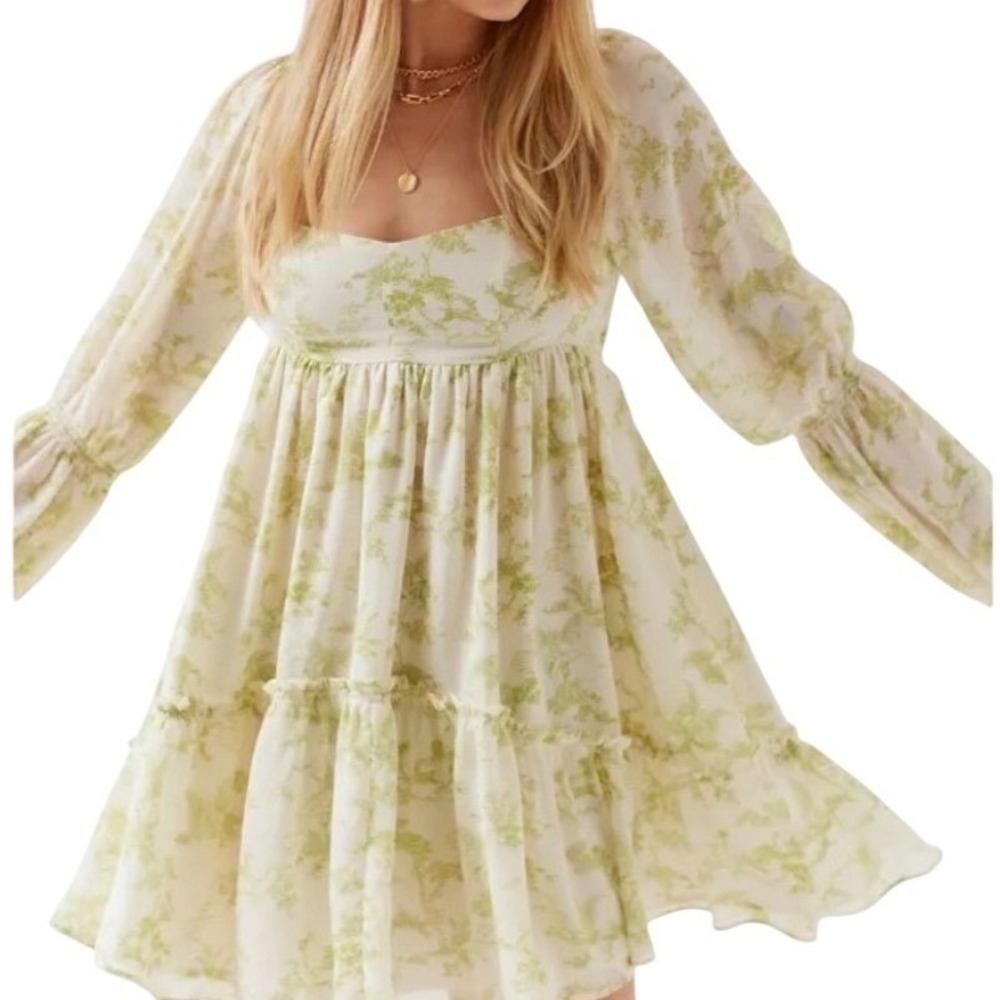 Fairy Print Puff Sleeve Mini‎ Dress Cottagecore Vacation M Urban Outfitters